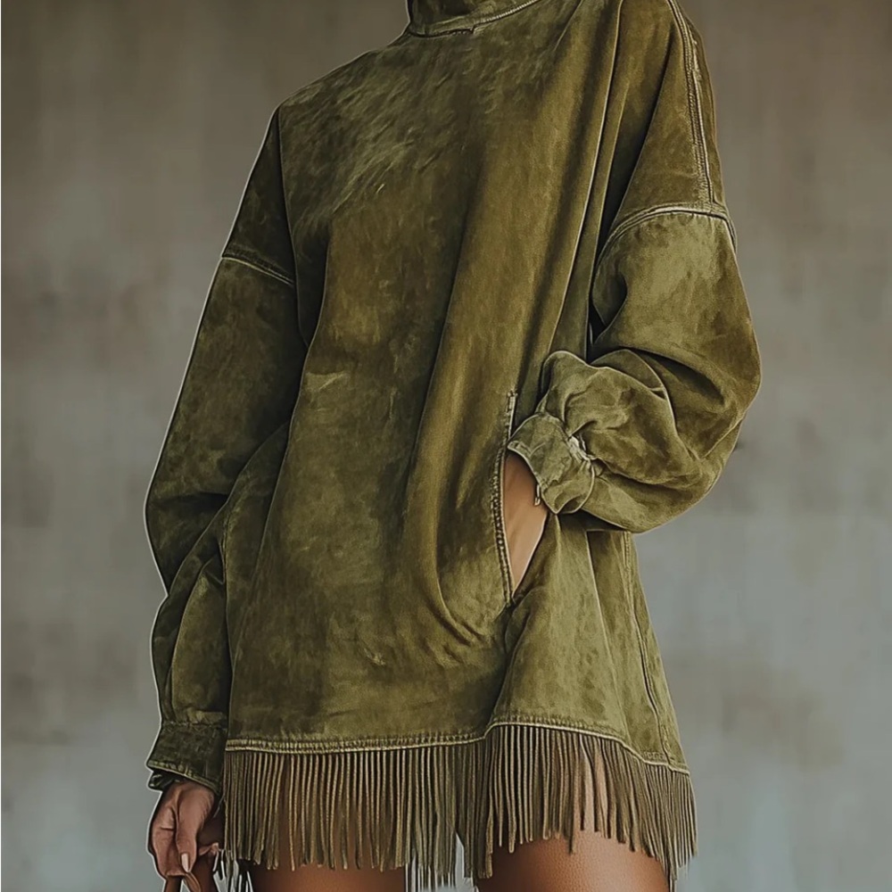 Megan  and Joy Olive Fringe Hem turtleneck dress FAUX SUEDE
NEW